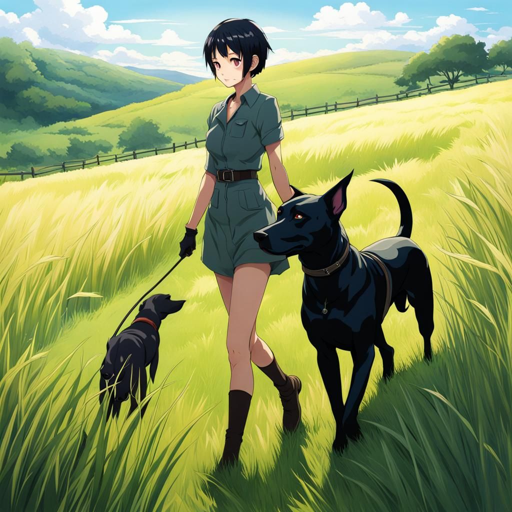 Woman Walking Dog in Field: Anime Style