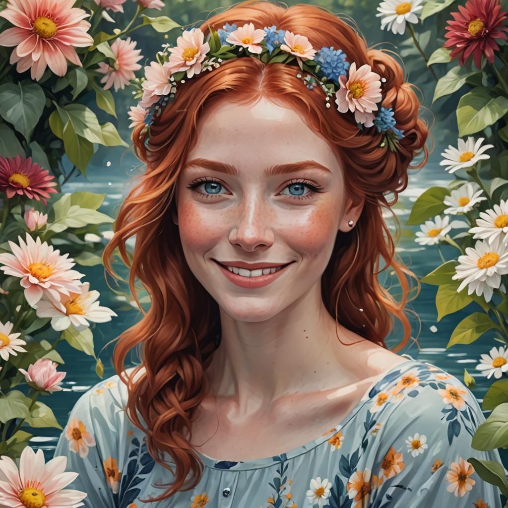 Smiling Redhead with Floral Hairdo Digital Painting