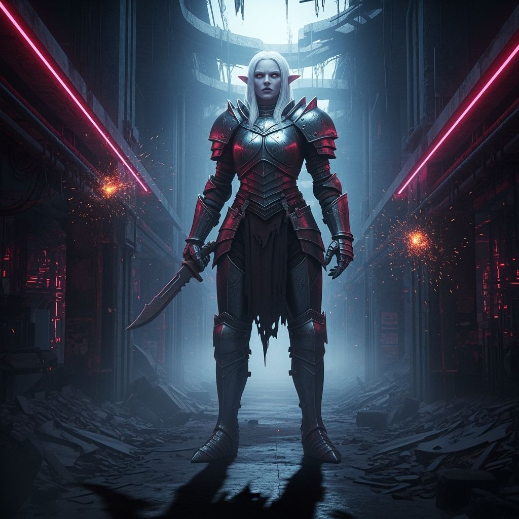 Enormous Elf Warrior in Decaying Cyberpunk Corridor