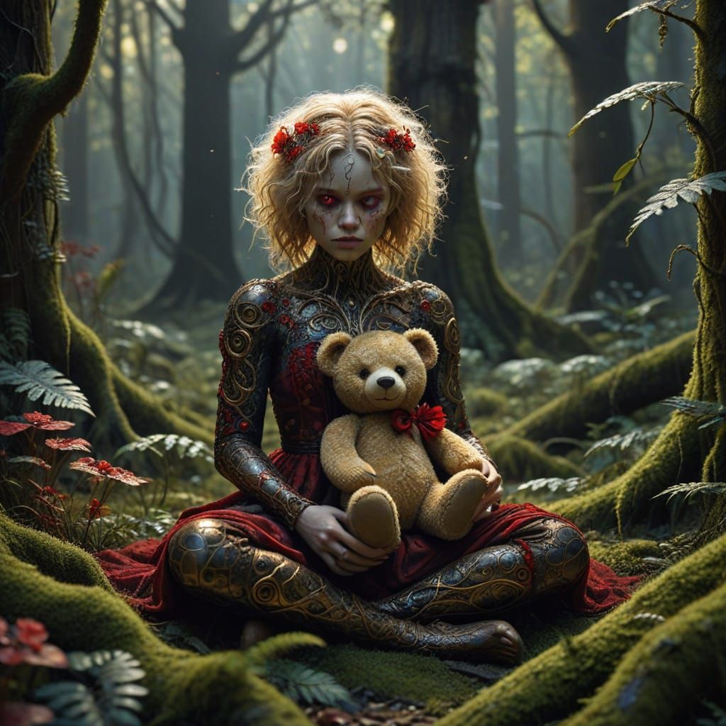 Girl Surrounded by Twisted Roots and Dark Silhouette in Opul...