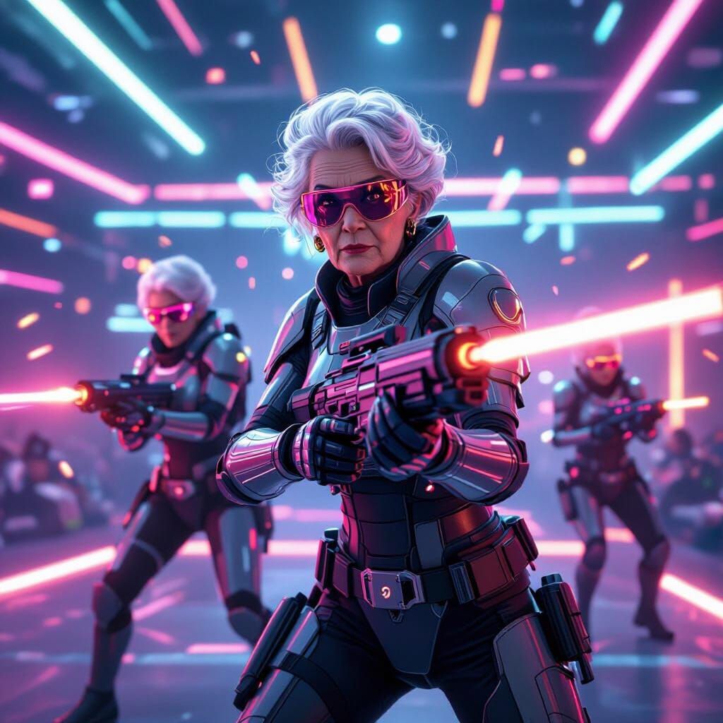 Elderly Women Play Laser Tag in Futuristic Arena