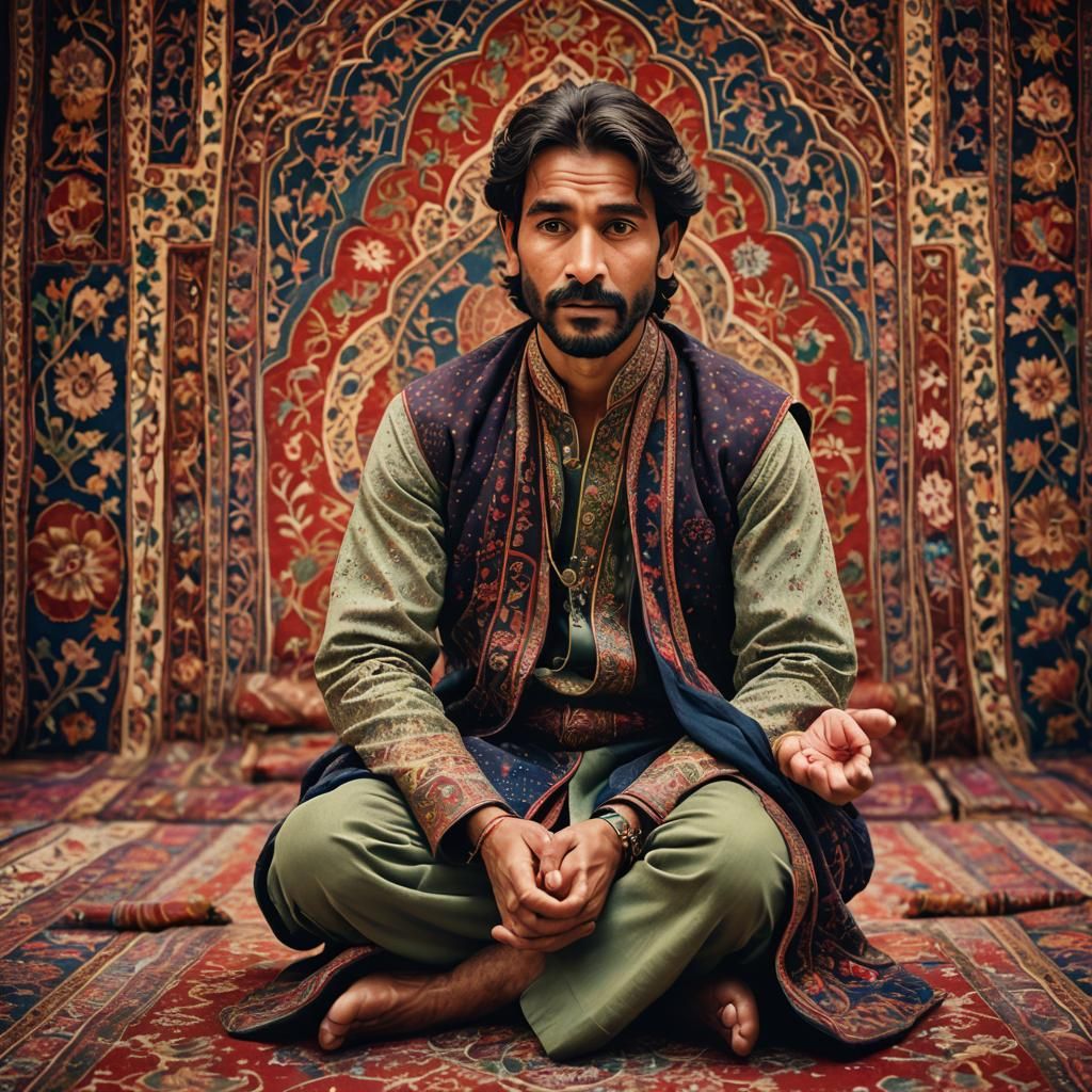 Indian Actor Khan on Flying Carpet: Film-Style Portrait