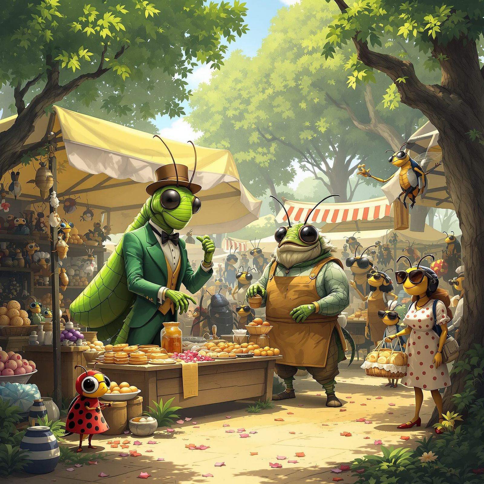 Anthropomorphic Bugs in a Bustling Forest Marketplace