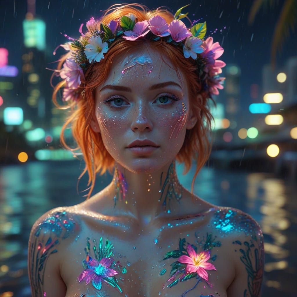 Surreal Cyberpunk Goddess Radiates Summer Beauty