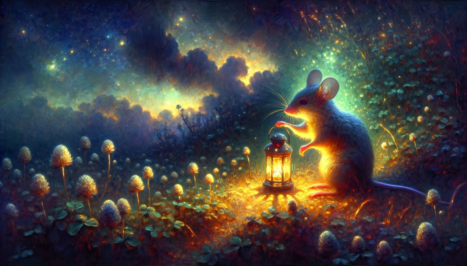 Mouse with Lantern in Clover Field as Impasto Painting