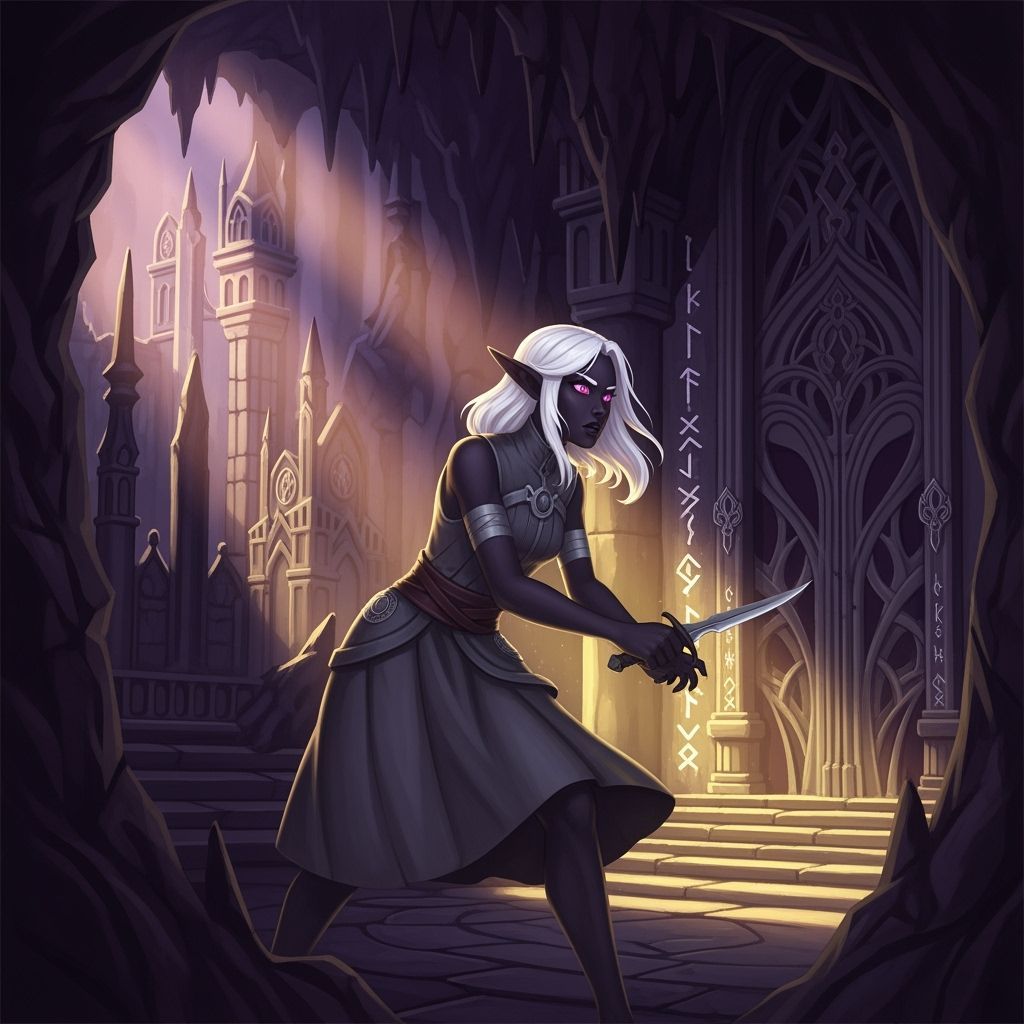 Elf Maiden Navigating Gothic Underground City