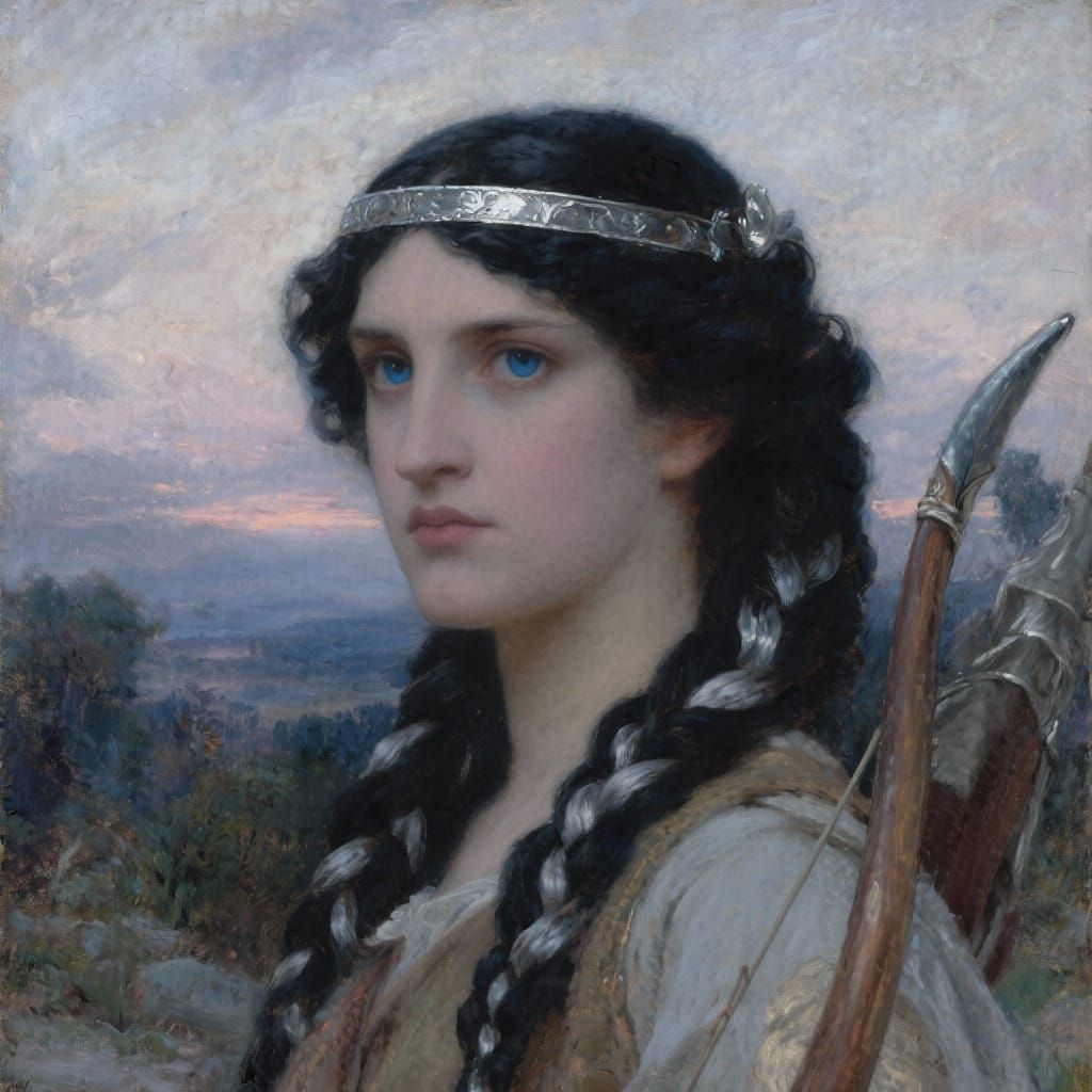 Artemis Huntress with Black Silver Hair in Oil Painting Styl...