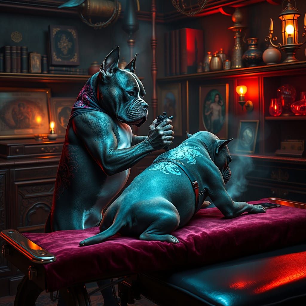 Pit Bull Tattoo Artist at Work in a Mystical Tattoo Shop