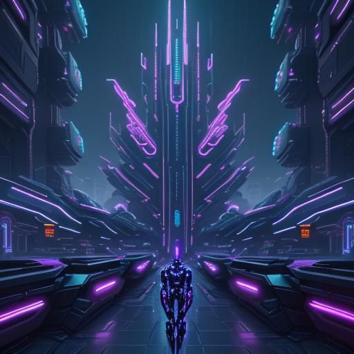 Cyberpunk Cityscape with Neon Temple