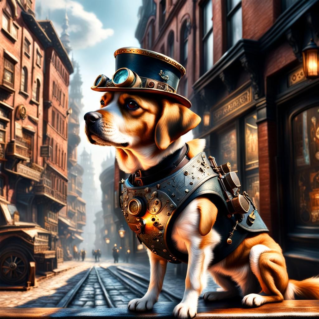 Steampunk Dog in Cityscape Fantasy Concept Art