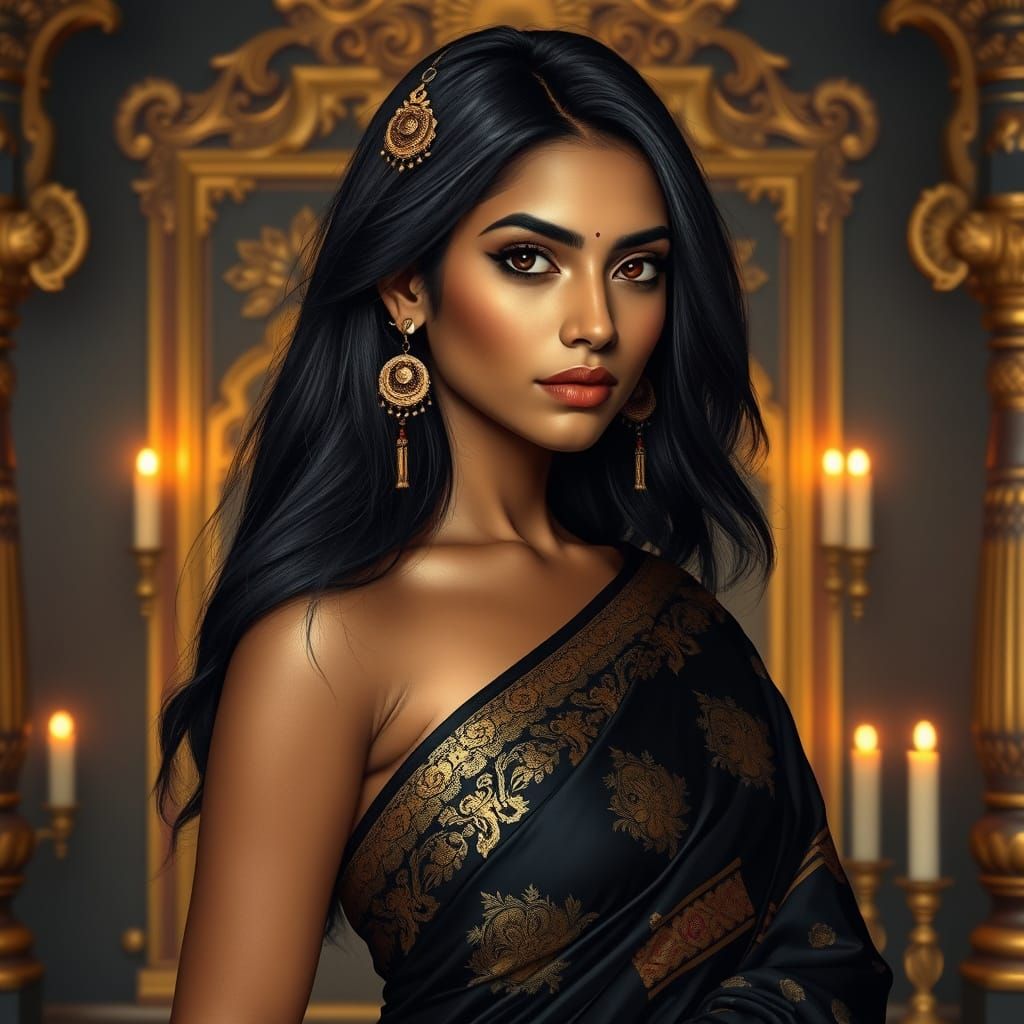 Indian Woman in Black and Gold Sari