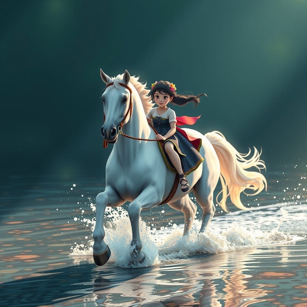 Ghibli-Inspired Girl Riding a Majestic White Horse Through S...