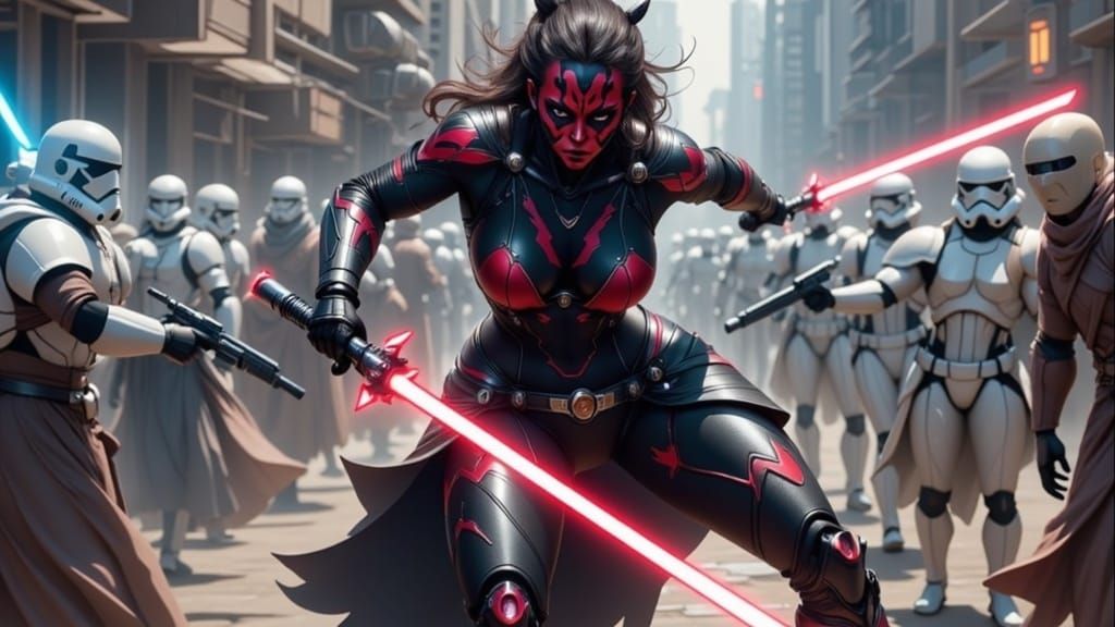 Fierce Female Darth Maul Battles Jedi with Red Lightsabers