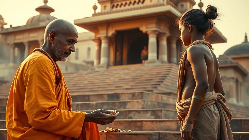 Sage Offers Charity at Ancient Temple Steps