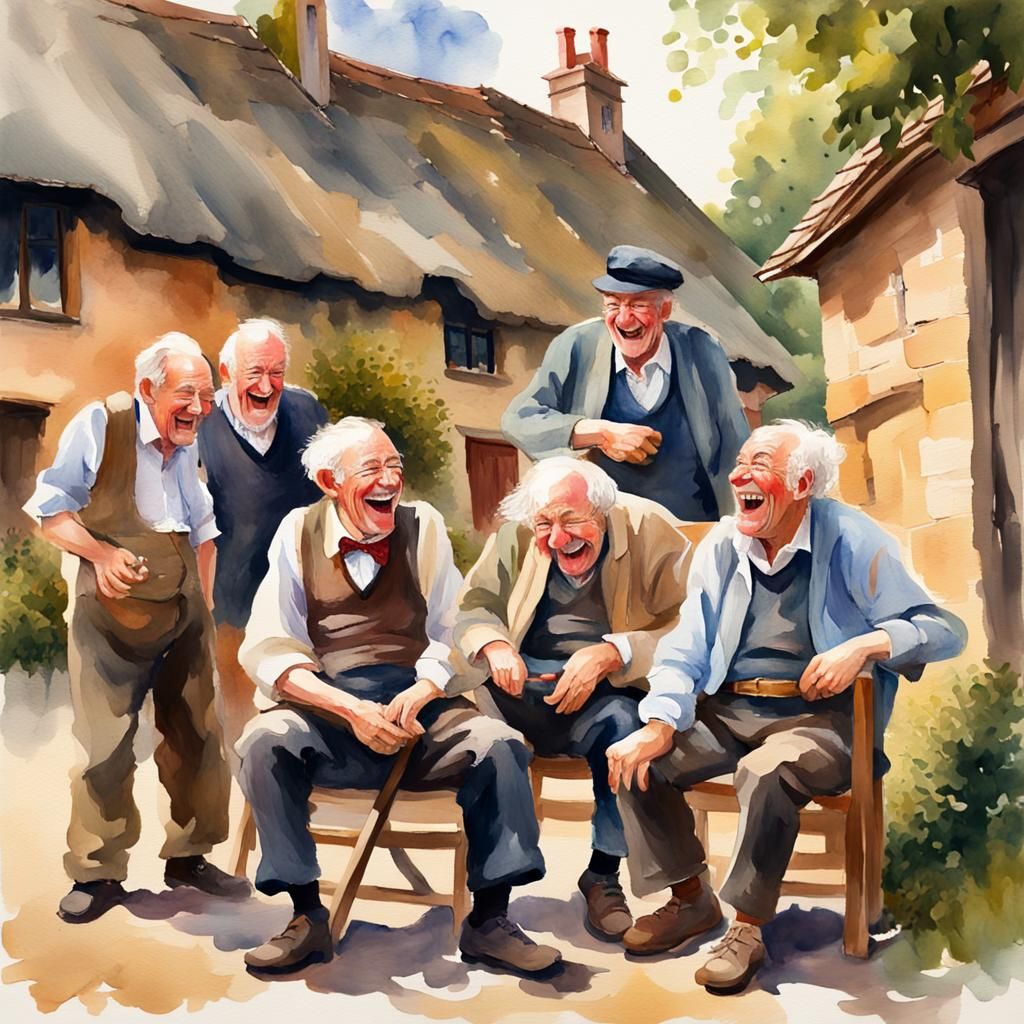 Laughing Men in English Village, Watercolor Gouache Style