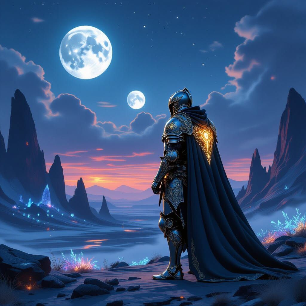 Knight on Alien World Gazing at Twin Moons