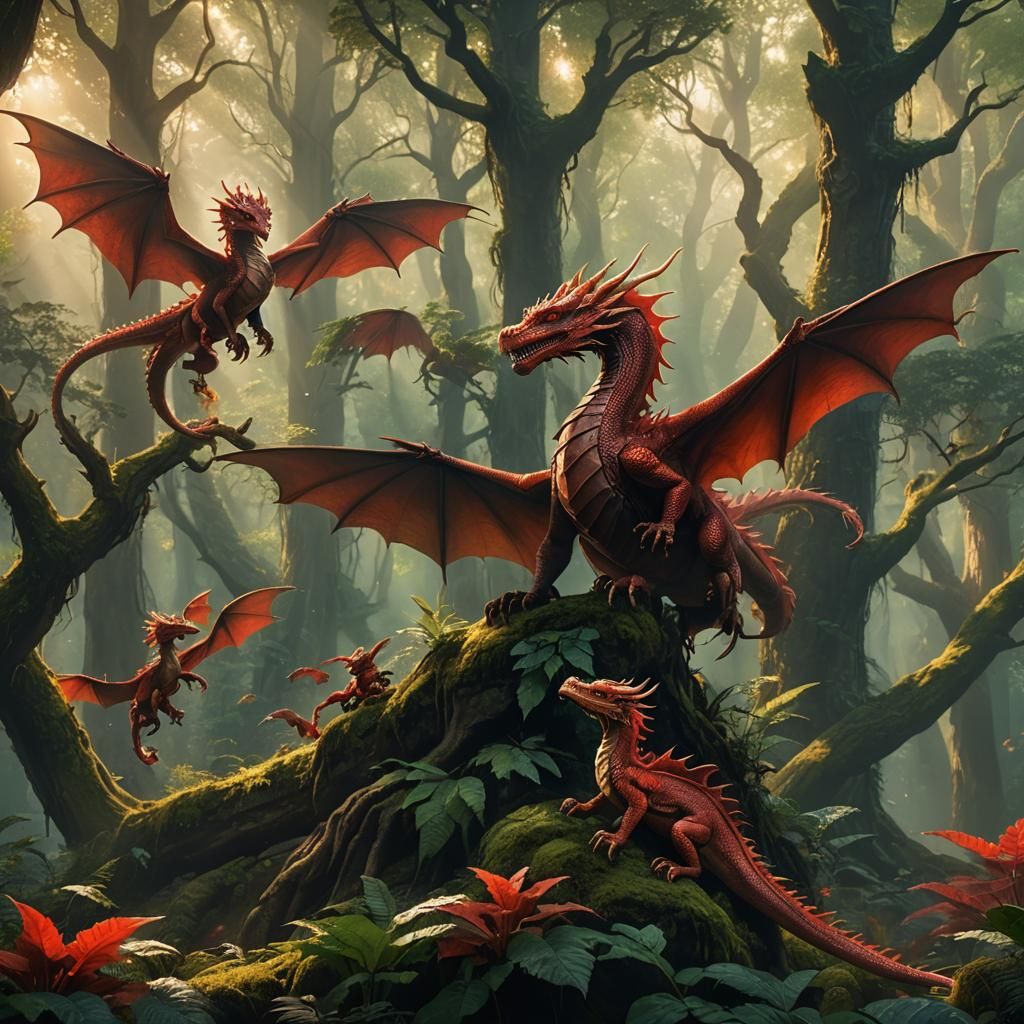 Red Dragon Family in Mystical Forest