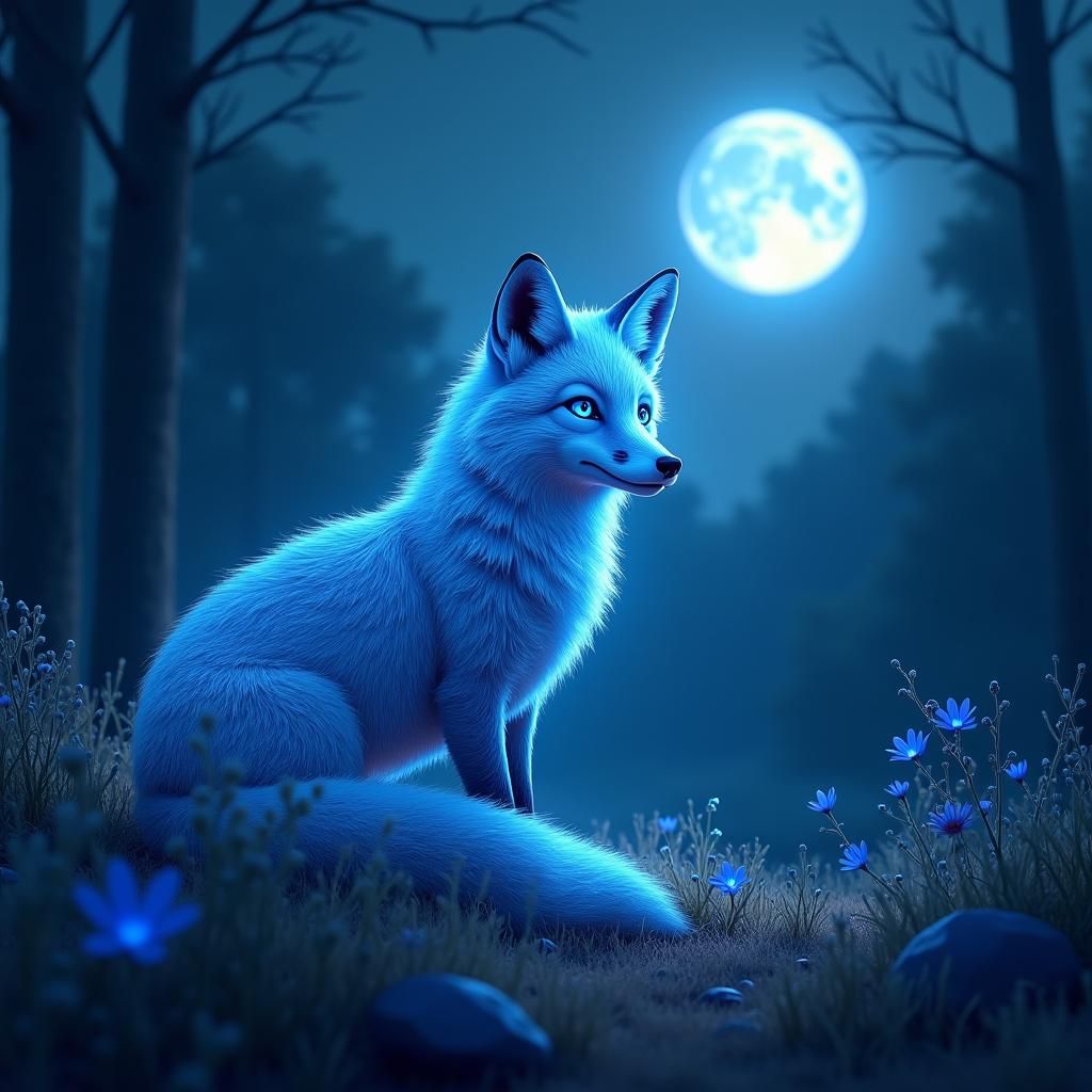 Ethereal Blue Fox in Moonlit Forest, High-Fantasy Art