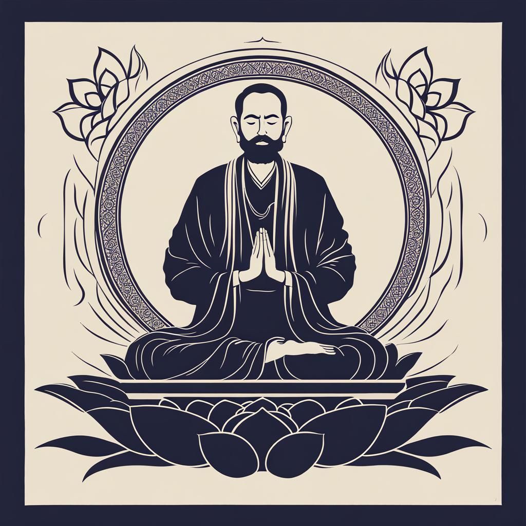 Minimalist digital artwork of a Hindu sage sitting in medita...