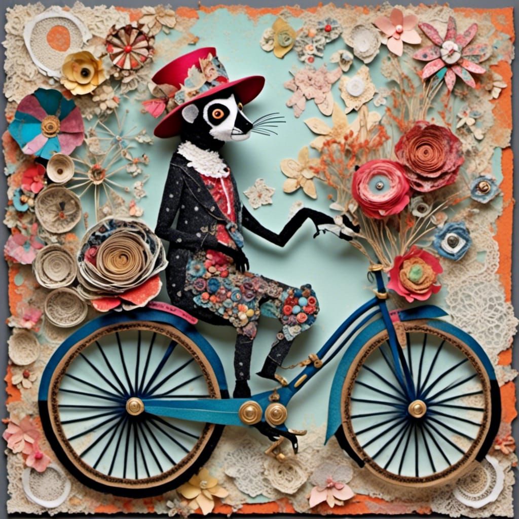 Whimsical Lemur Rides Bicycle in Mixed Media Collage