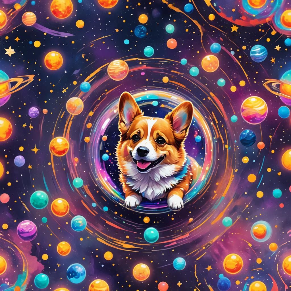 Corgi in Space with Iridescent Bubble