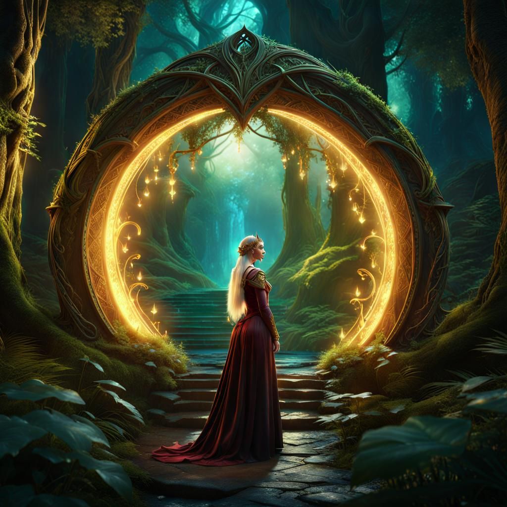 Elven Queen Opens Magical Portal in Forest