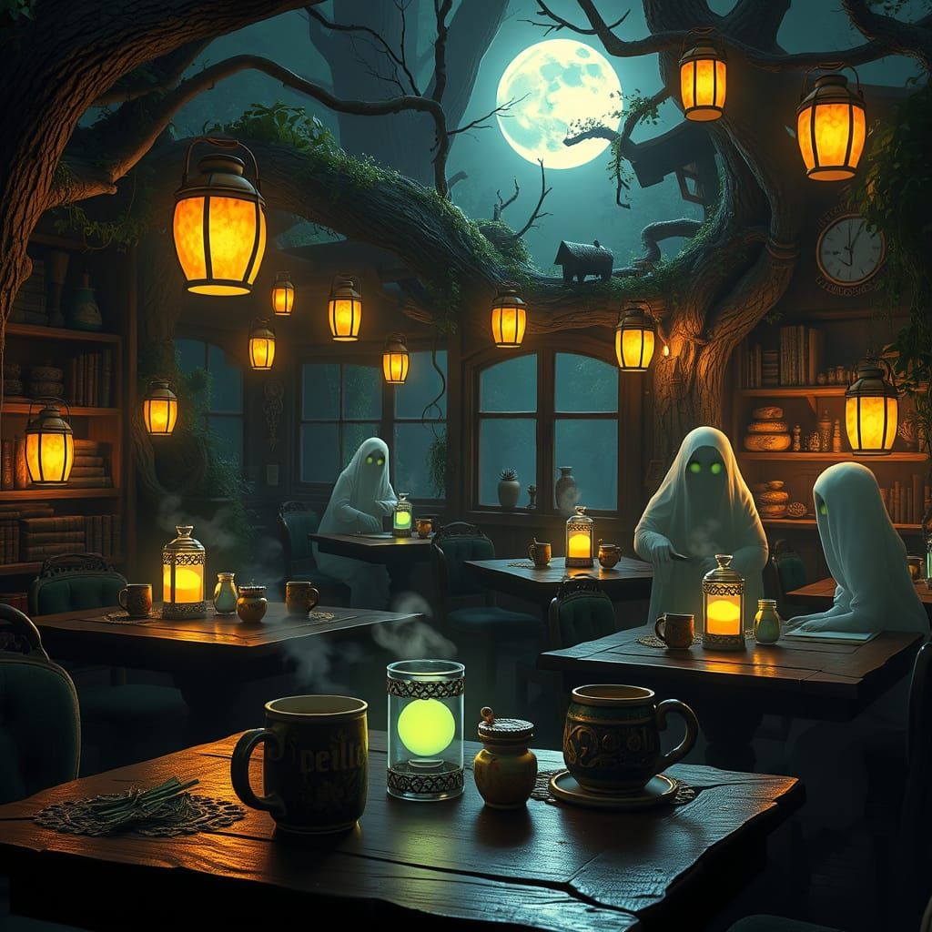 Enchanted Woodland Cafe with Floating Lanterns and Ghostly B...