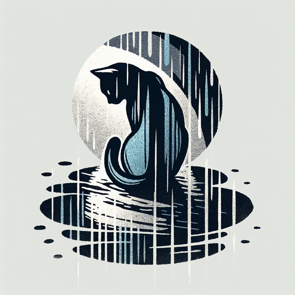 Cat in Rain: Japanese Woodblock Print