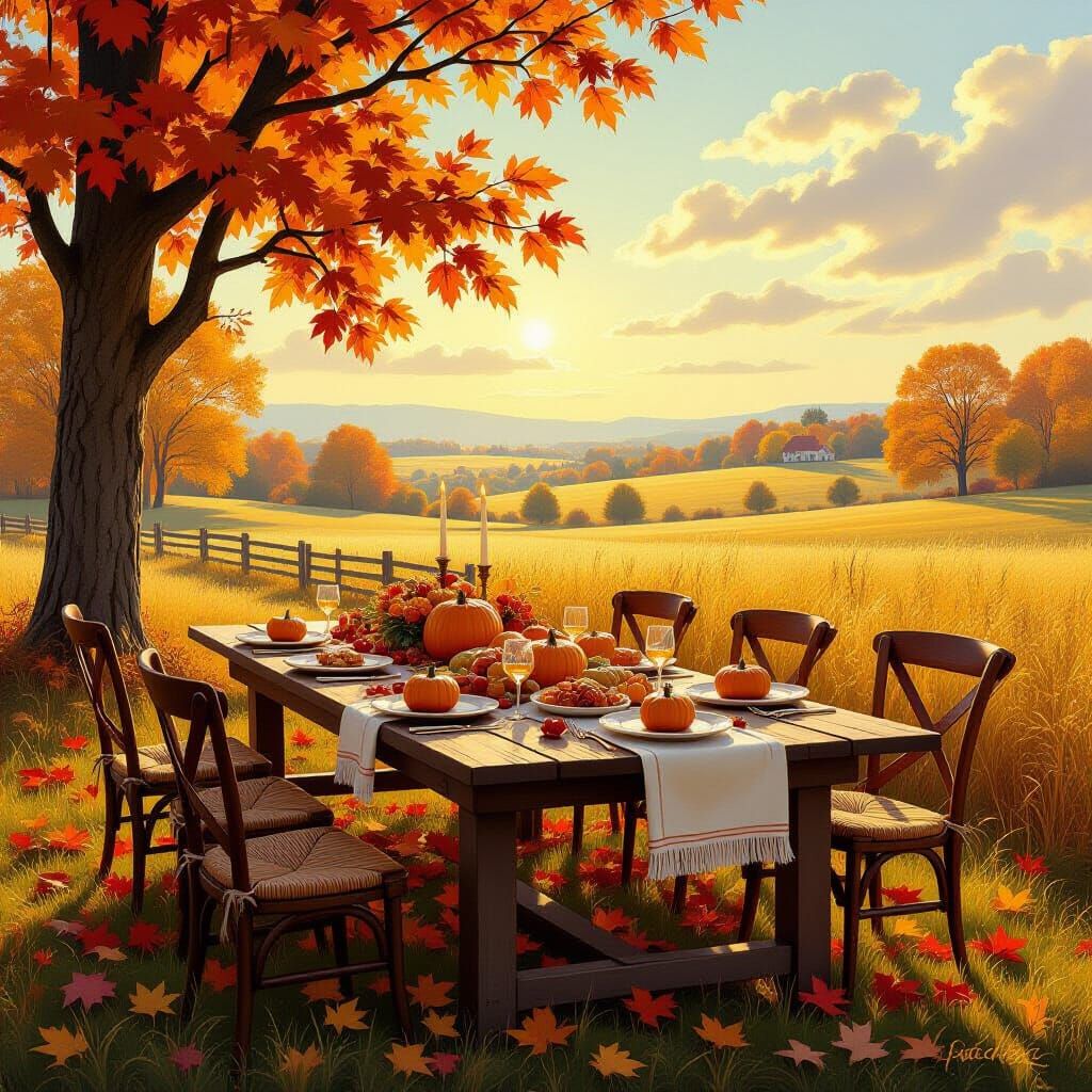 Thanksgiving Feast in Golden Autumn Meadow
