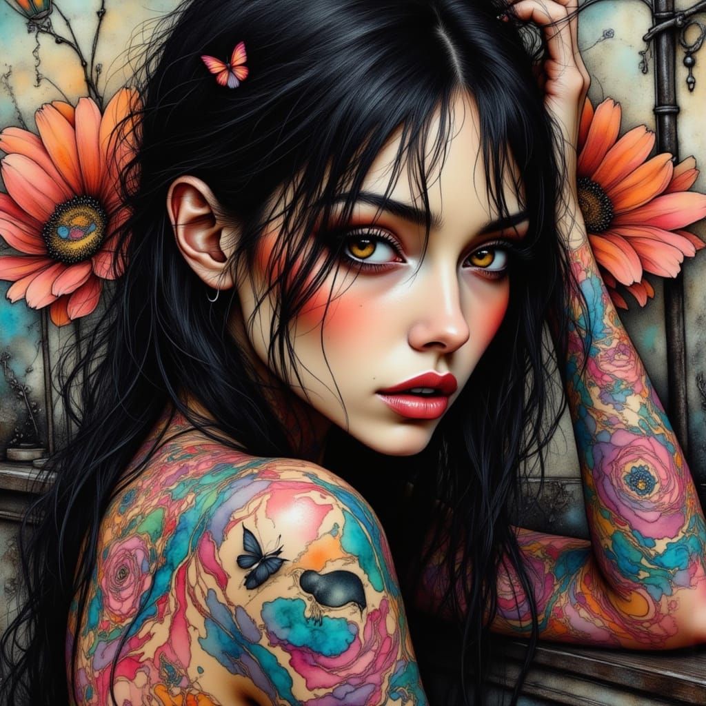 Sultry Asian Fantasy Pin-Up in Moody Surrealist Style