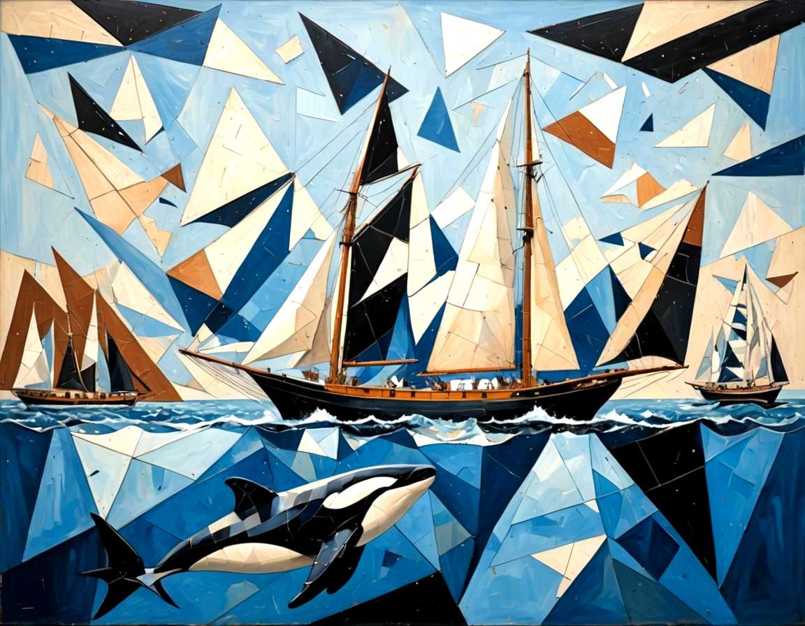 Cubist Sailship and Orca Geometric Shapes