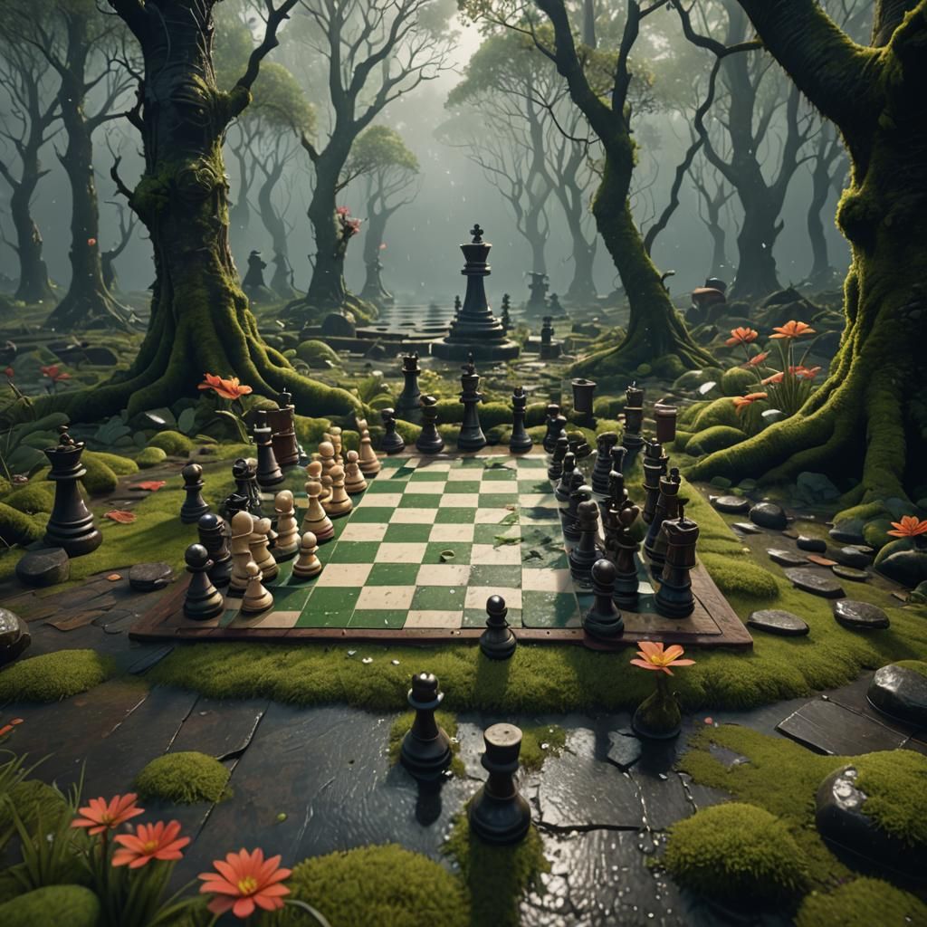 Chess Game in Rainy Forest: Detailed Matte Painting