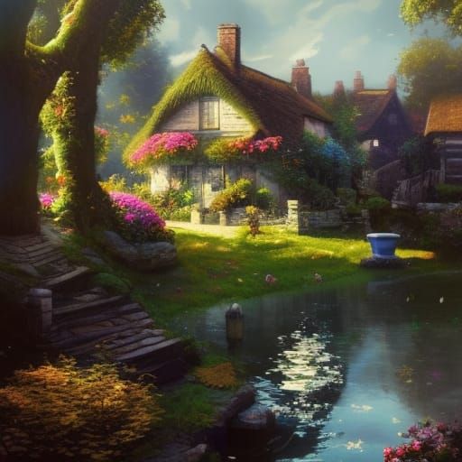 Cottagecore Village by Lake: Dark Fantasy Art