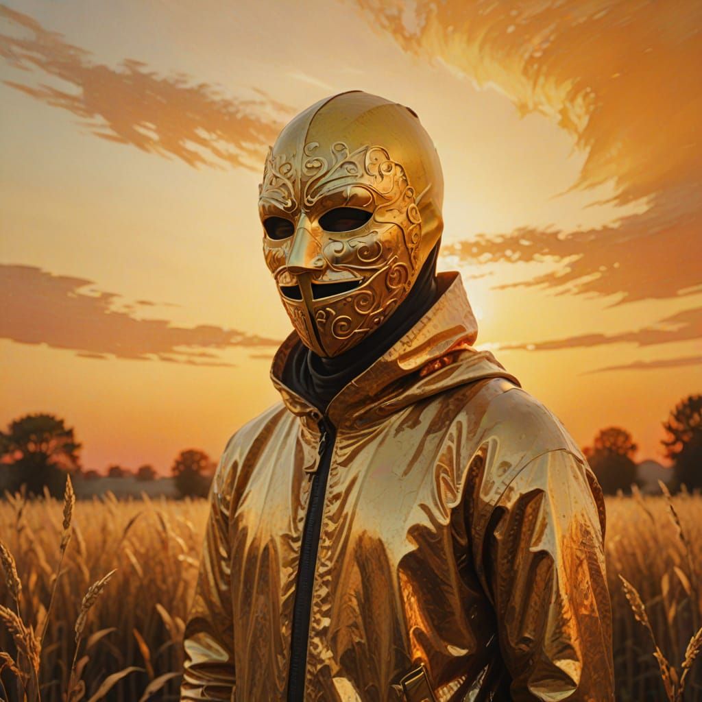 Masked Figure at Sunset in Impressionistic Style