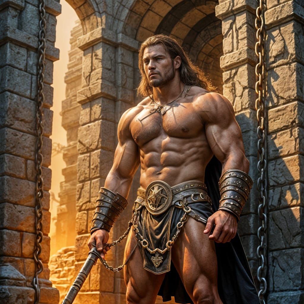 Powerful Barbarian Chained in a Doorframe
