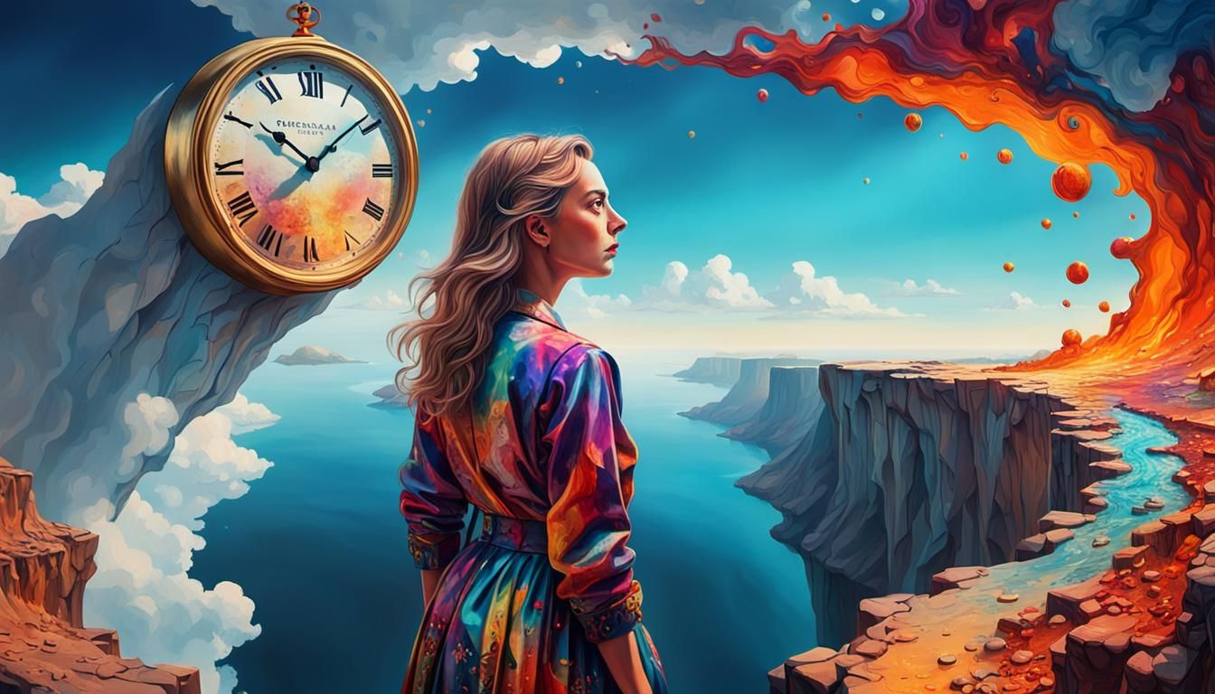 Woman at Dreamlike Precipice in Surrealist Splash Art