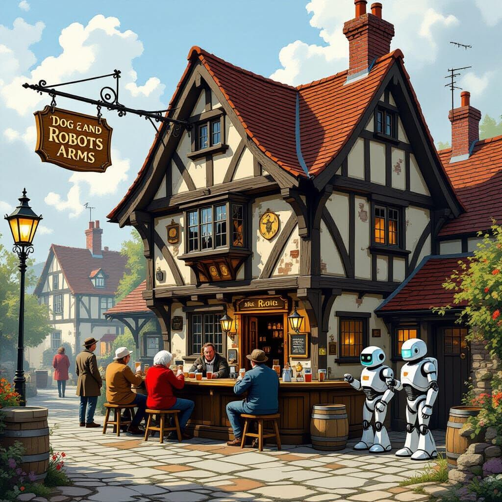 Quaint Tudor Pub Scene with Robots and Country Folk