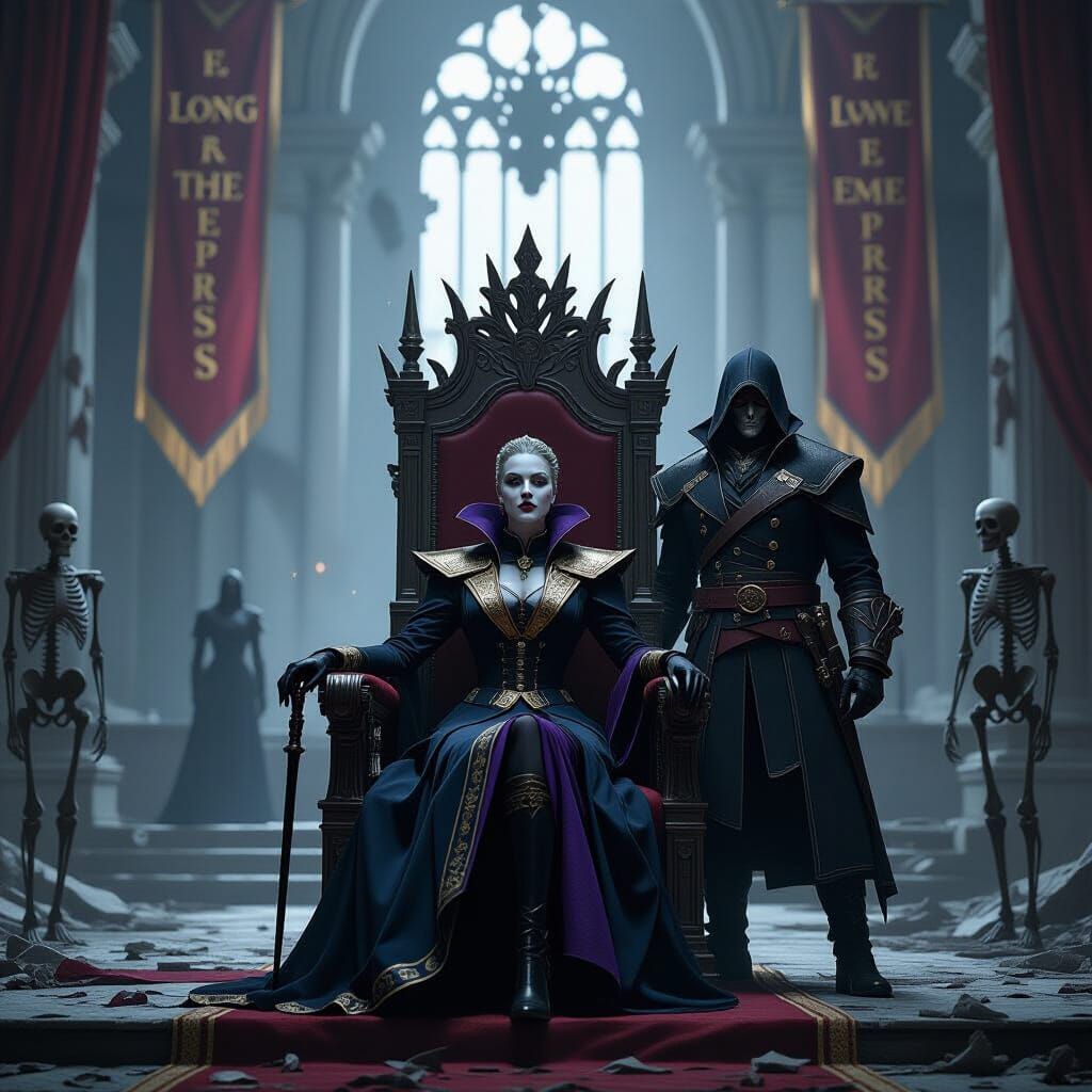 Ruined Throne Room with Emily and Corvo in Gothic Noir