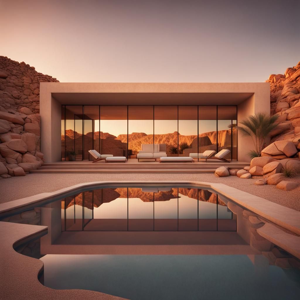 Mirror House in Desert at Sunset, Hyperrealistic Style