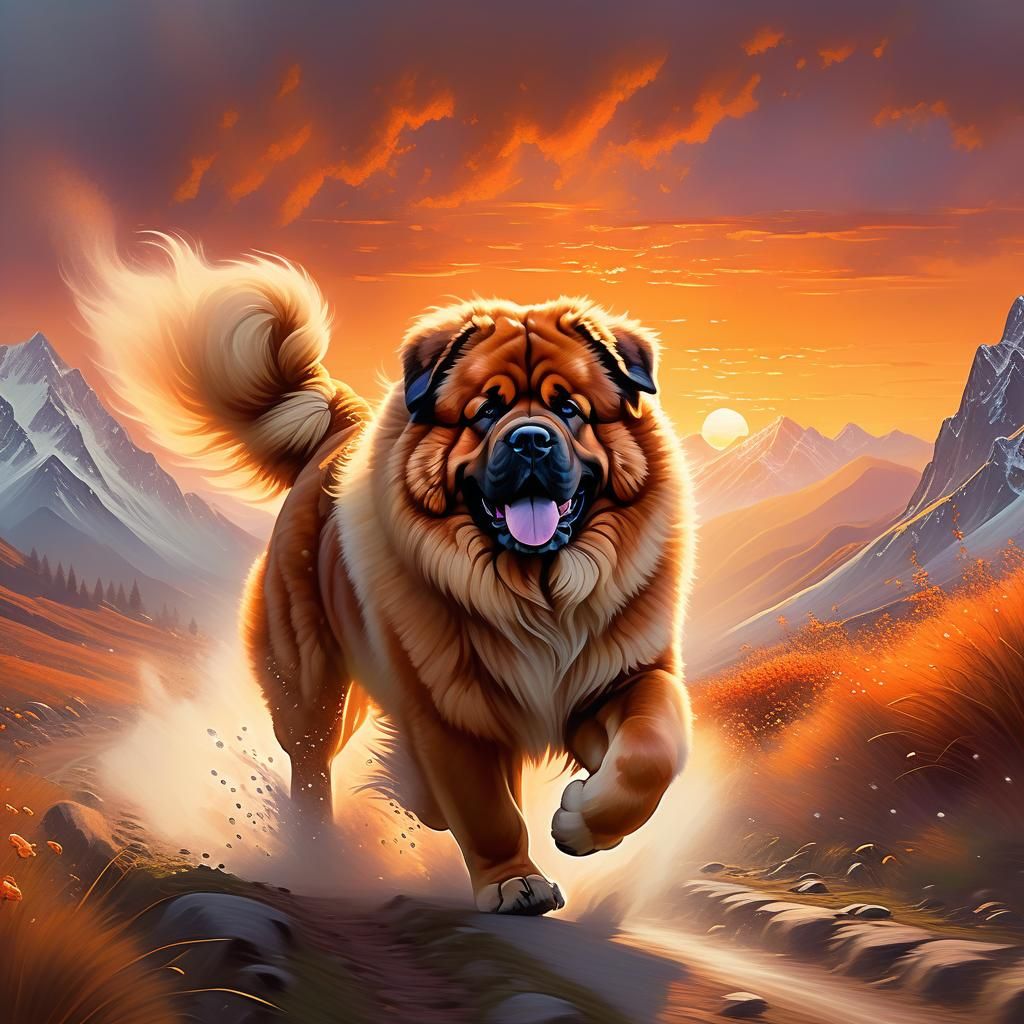 Tibetan Mastiff Runs Through Misty Mountains