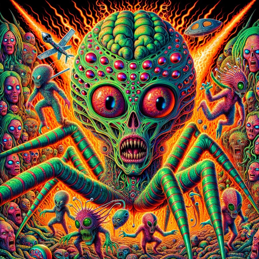 Psychedelic Alien with Strange Creatures in Vibrant Colors