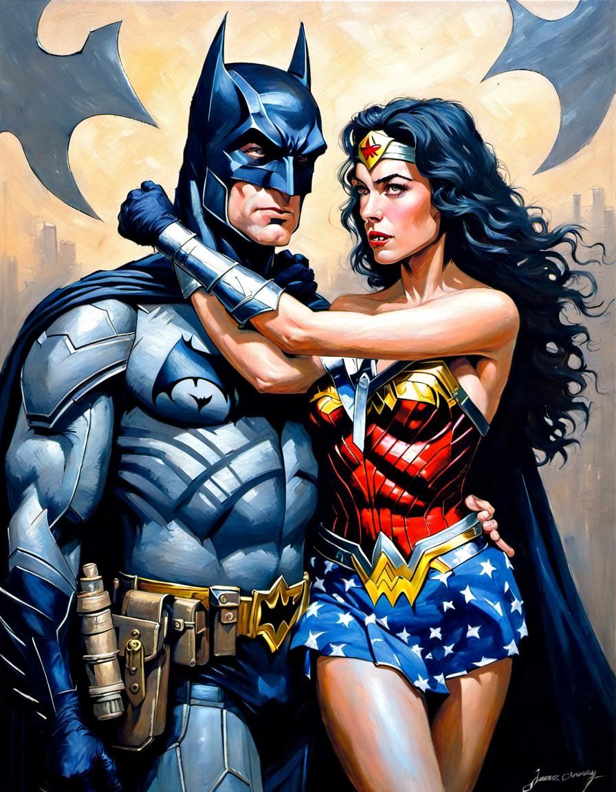 Batman and Wonder Woman in Oil Painting