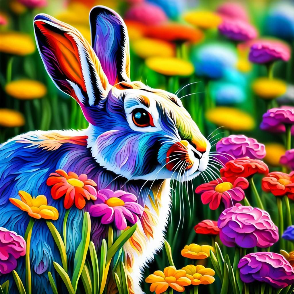 Rabbit Smelling Flowers as Colorful Impasto Painting