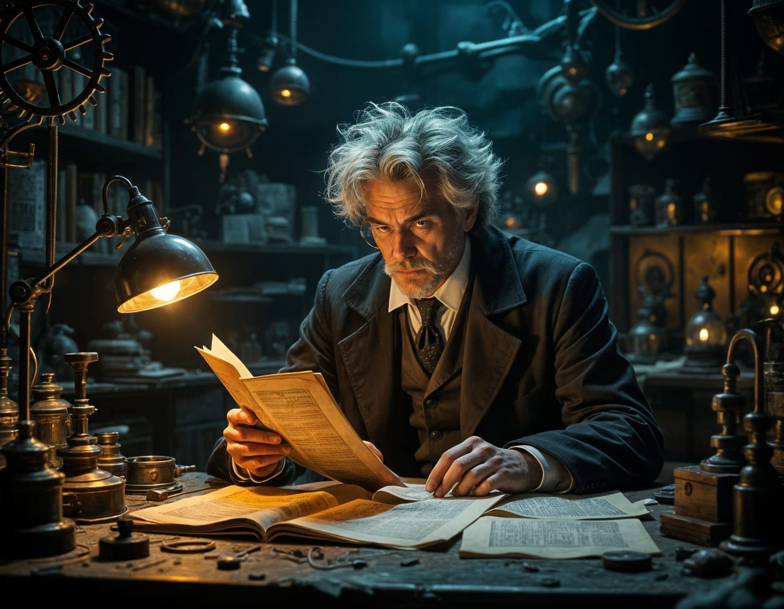Steampunk Scientist Studies Glowing Manuscripts in Dim Lab