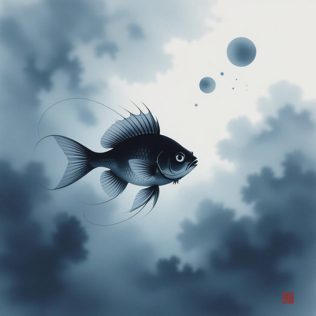 Melancholic Anglerfish in Japanese Ink Wash Style