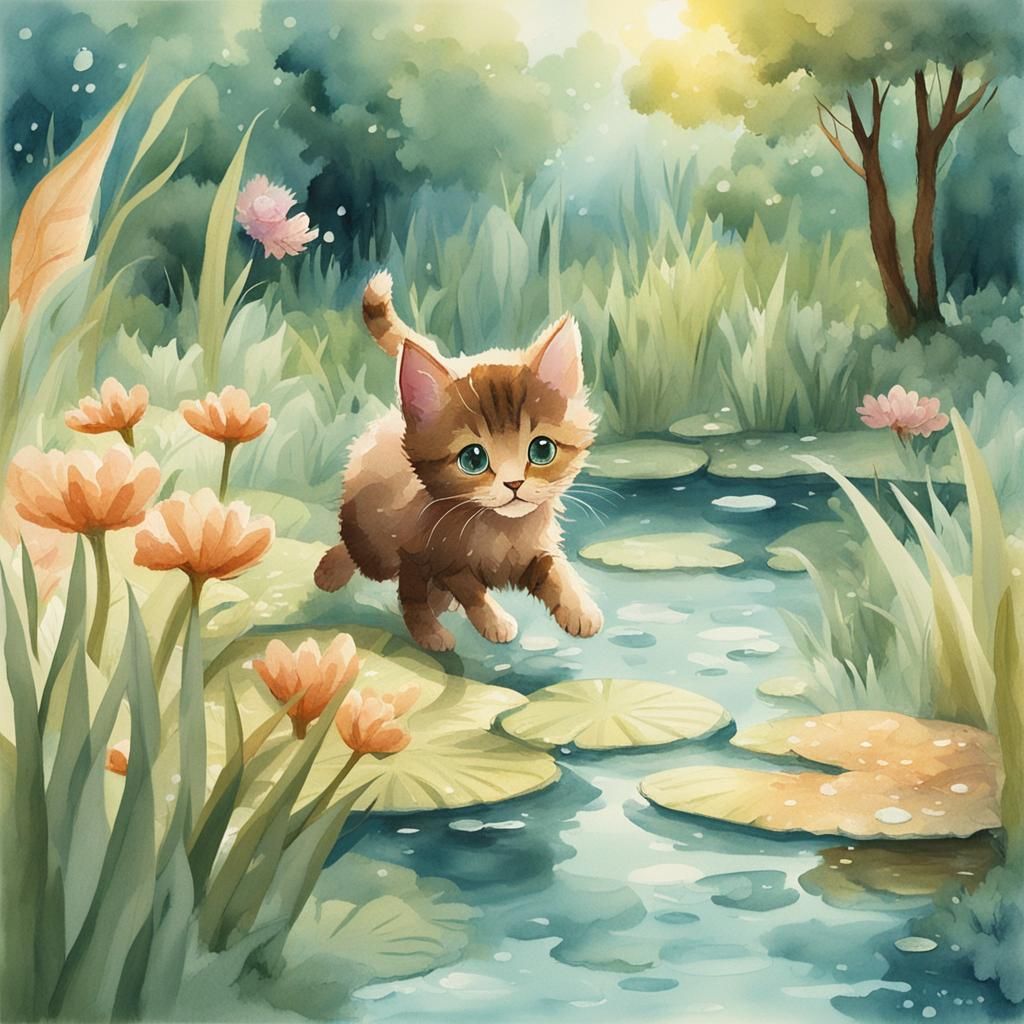 Kitten and Water Creatures in Watercolor Style