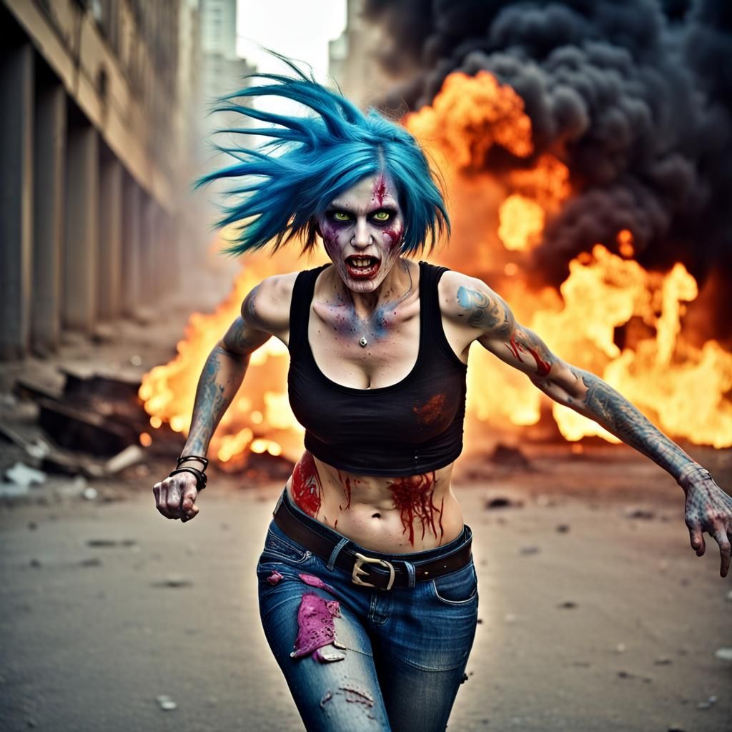 Colorful Emo Zombie Girl Portrait in Burning City