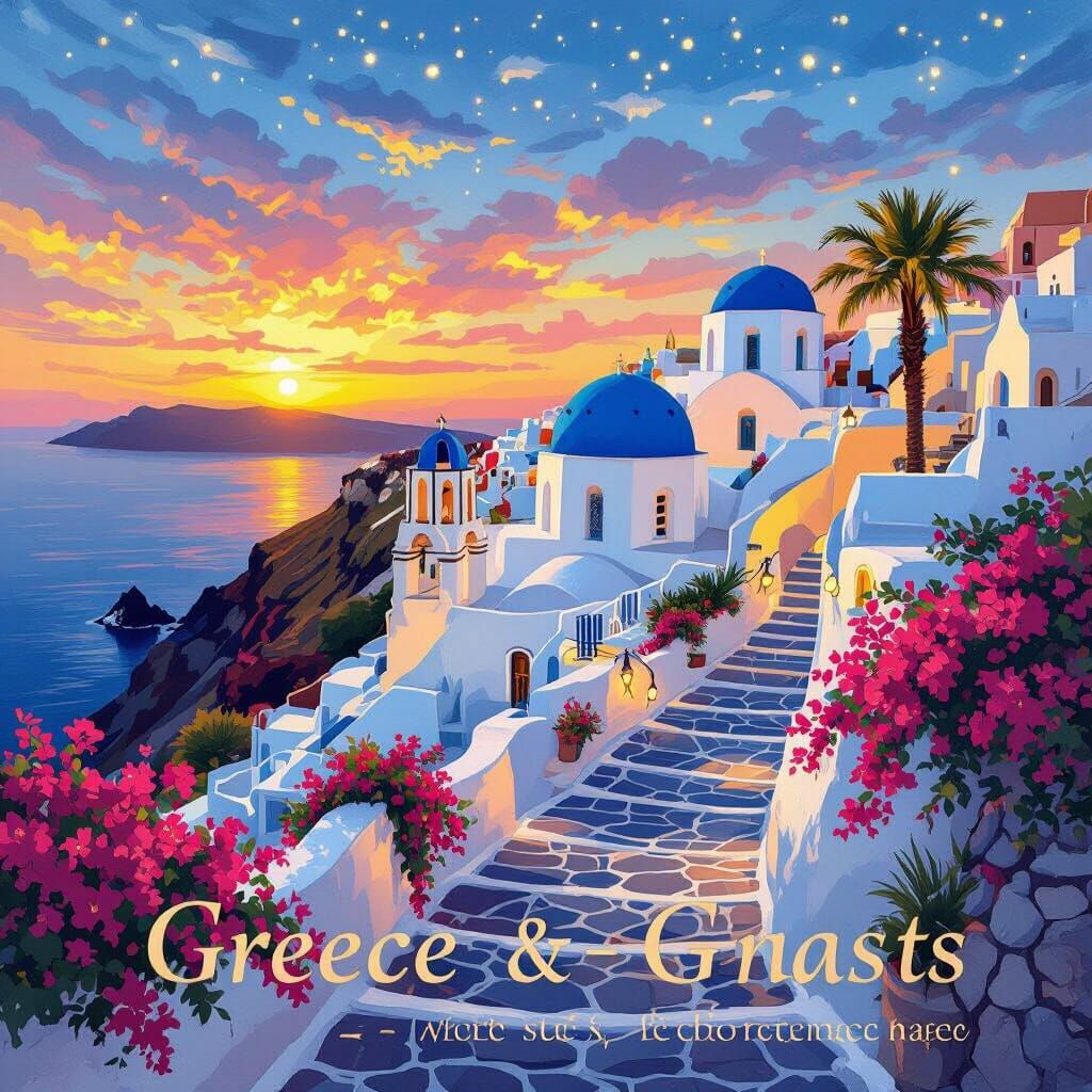 Santorini Sunset Merges into Starlit Beach Scene