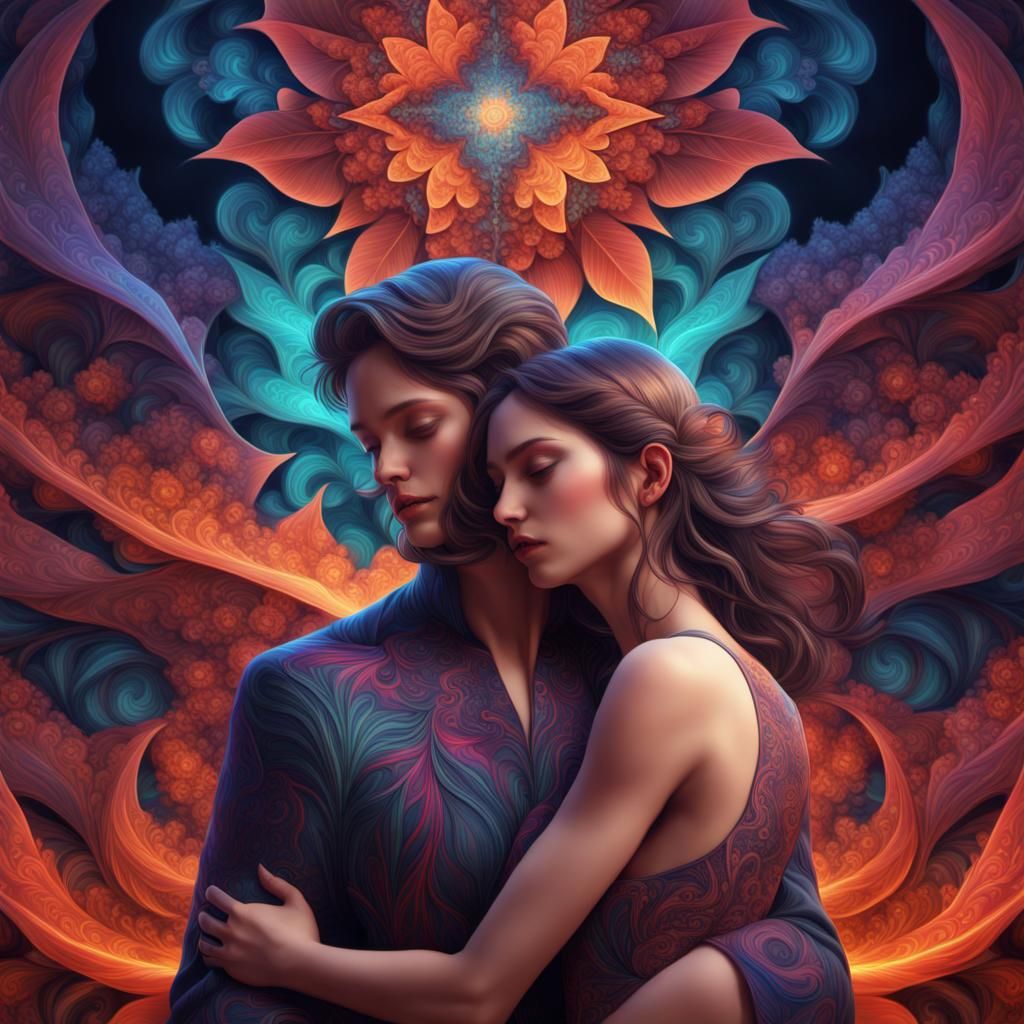 Psychedelic Fractal Art: Woman Cuddling Man