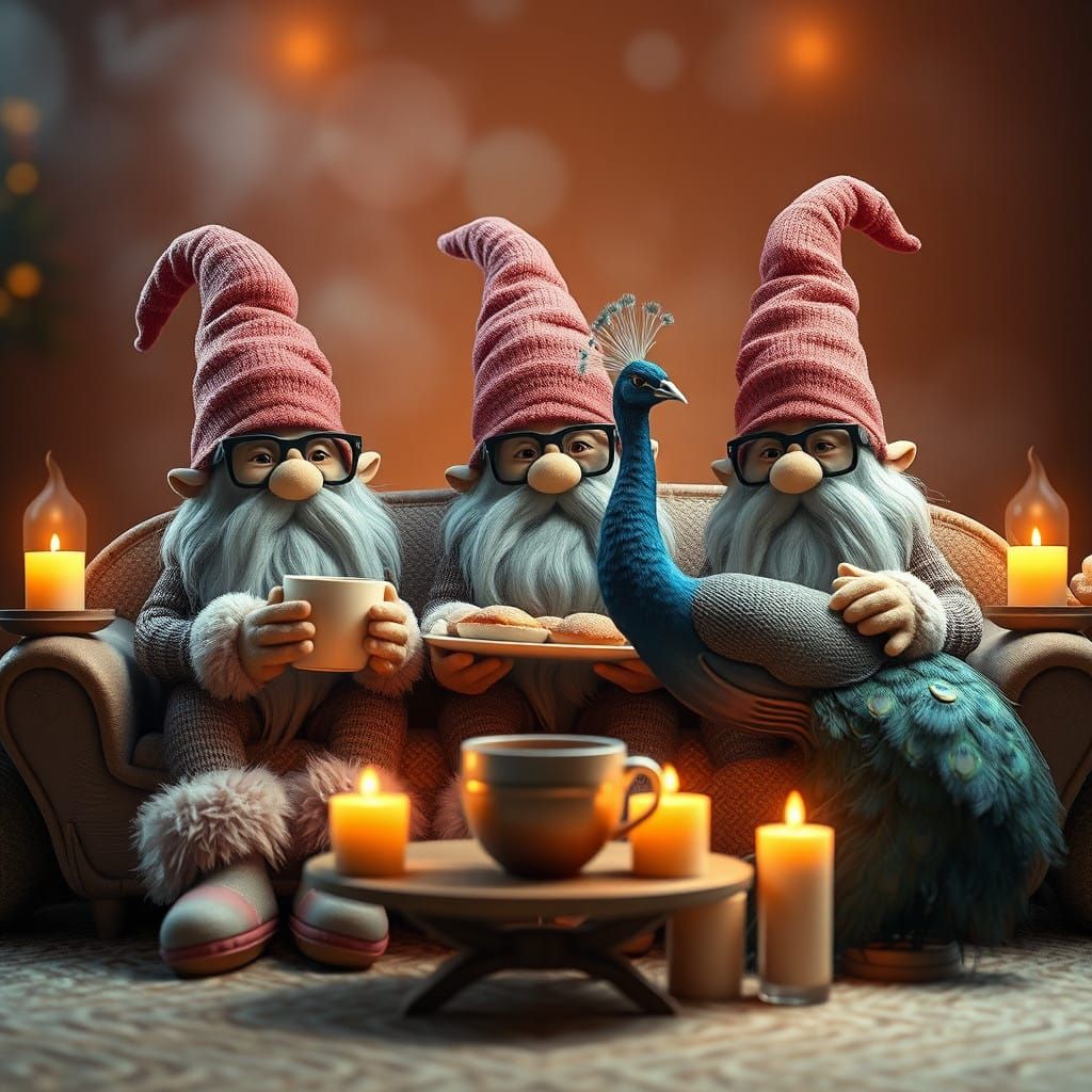 Gnomes Share Coffee and Pastries with Majestic Peacock in Co...